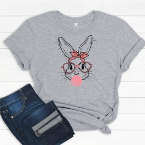 Bunny With Leopard Glasses Easter Tee Shirt For Women